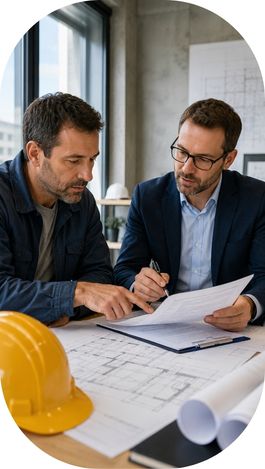 Dirigeant du BTP consultant un contrat d’assurance avec un conseiller.