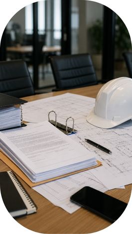 Dossier de réception de chantier posé sur une table avec casque et plans.