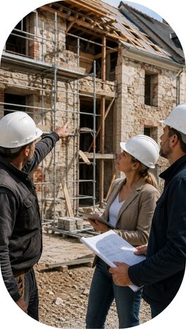 Professionnels inspectant un bâtiment ancien en réhabilitation avec plans et casque.