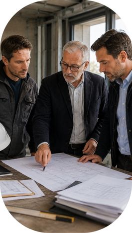 Maître d’œuvre, sous-traitant et expert examinant des plans de construction.