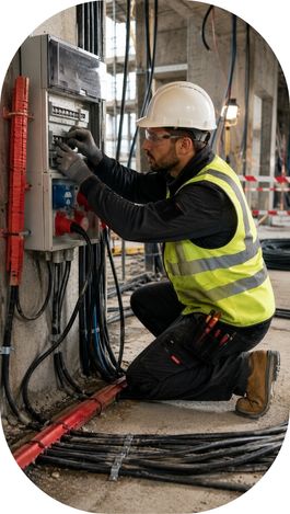 Électricien intervenant sur un tableau électrique de chantier.