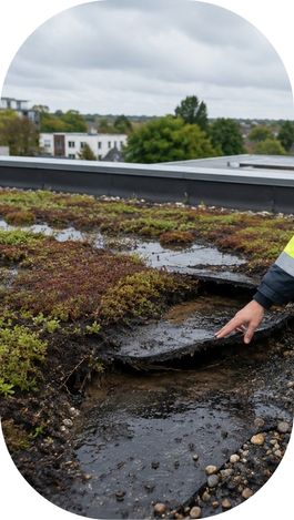 Toiture végétalisée endommagée après de fortes intempéries avec infiltration d’eau visible et membrane d’étanchéité dégradée.