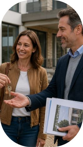 Remise de clés entre professionnels et propriétaire devant un bâtiment en cours d’achèvement.