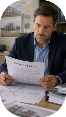 Dirigeant du BTP examinant un contrat d’assurance et un dossier de chantier dans un bureau.