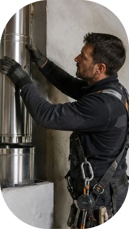 Fumiste installant un conduit de cheminée métallique dans une maison en rénovation.