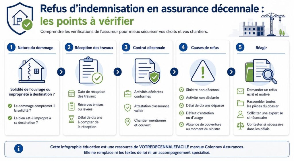 Infographie sur les points à vérifier en cas de refus d’indemnisation en assurance décennale : dommage, réception, contrat, causes de refus et recours.